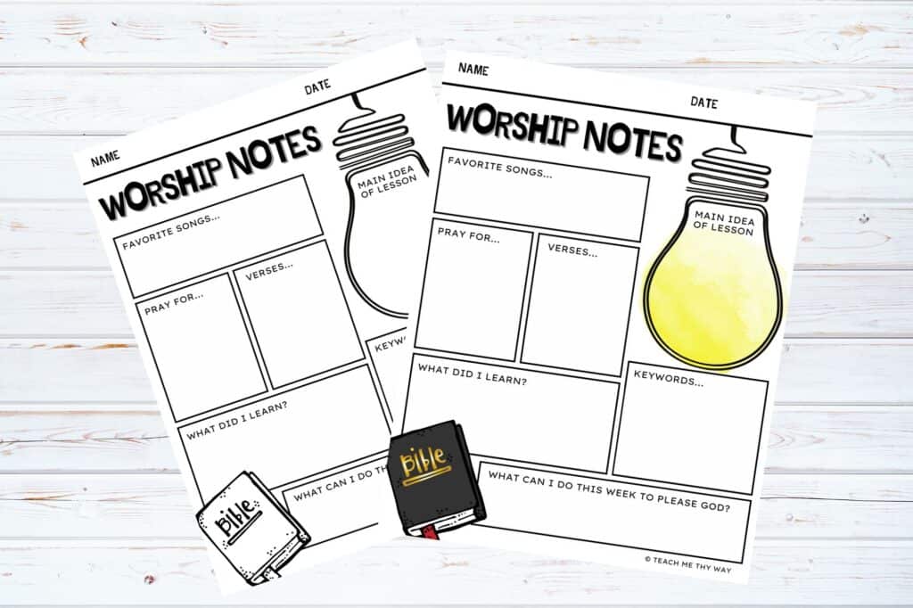Worship Notes for Kids in color and black and white